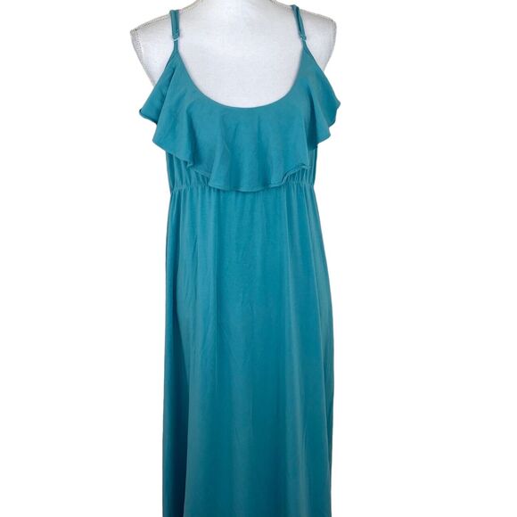 Garnet Hill Women's Spaghetti Strap Ruffle Maxi Dress Size L Teal Blue Comfort - Picture 11 of 16